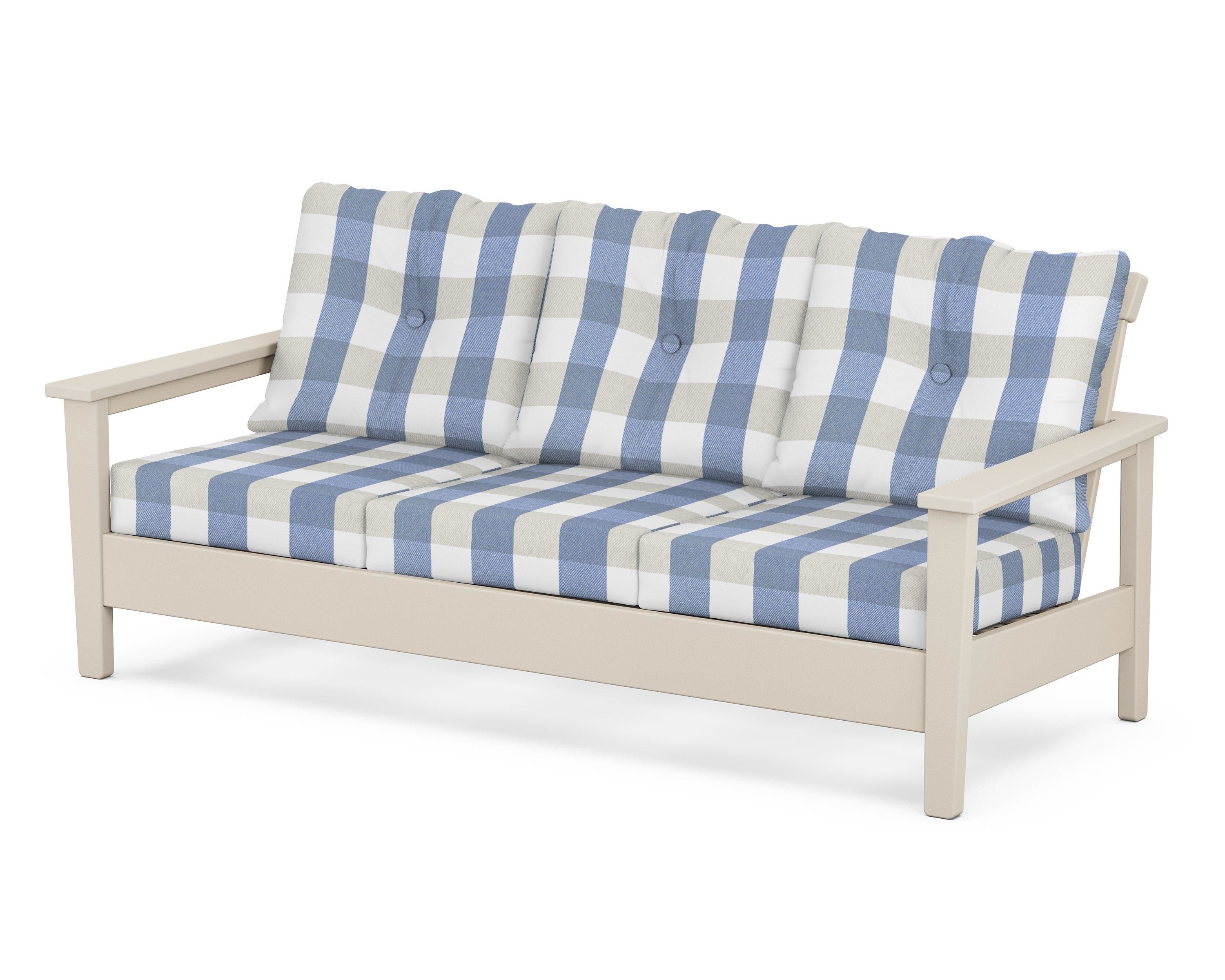 POLYWOOD® Prescott Deep Seating Sofa in Sand / Buffalo Plaid Sky Blue
