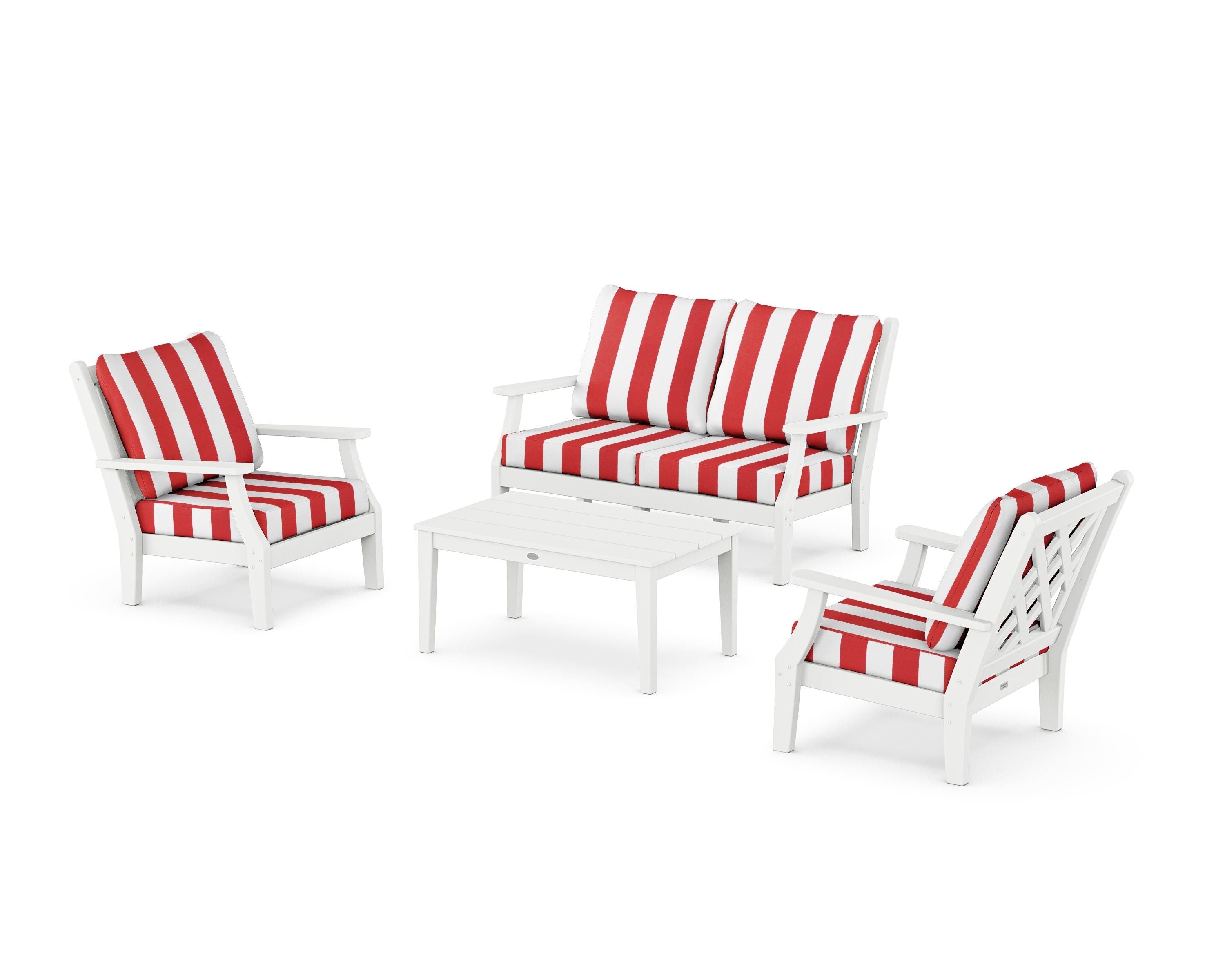 Country Living Wovendale 4-Piece Deep Seating Set with Loveseat in White / Cabana Stripe Crimson