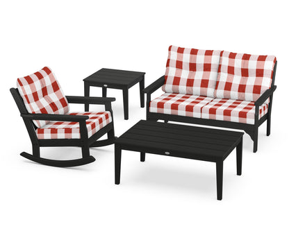 POLYWOOD® Vineyard 4-Piece Deep Seating Rocker Set in Black / Buffalo Plaid Crimson
