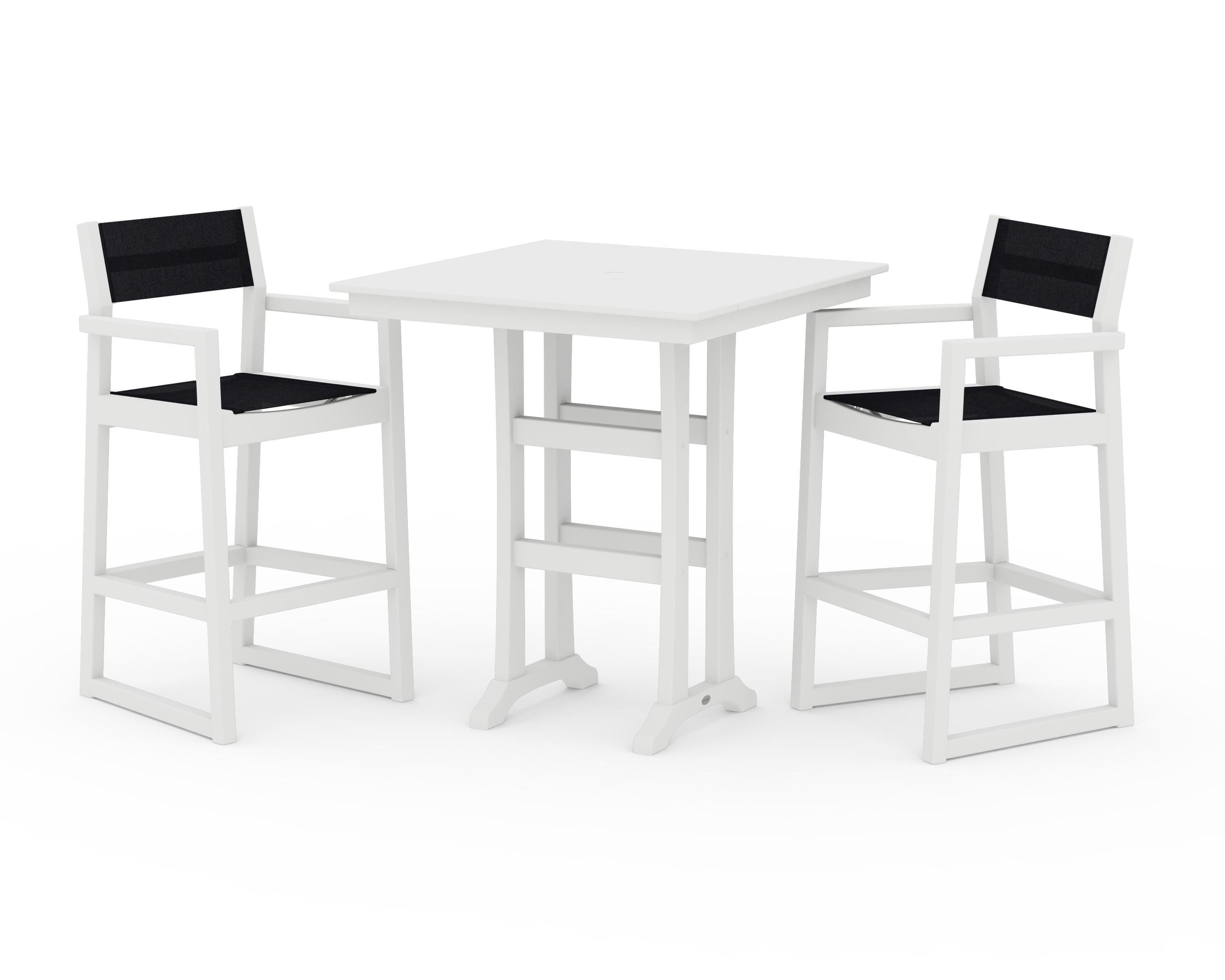 POLYWOOD® EDGE Sling Arm Chair 3-Piece Farmhouse Bar Set with Trestle Legs in White / Black Sling