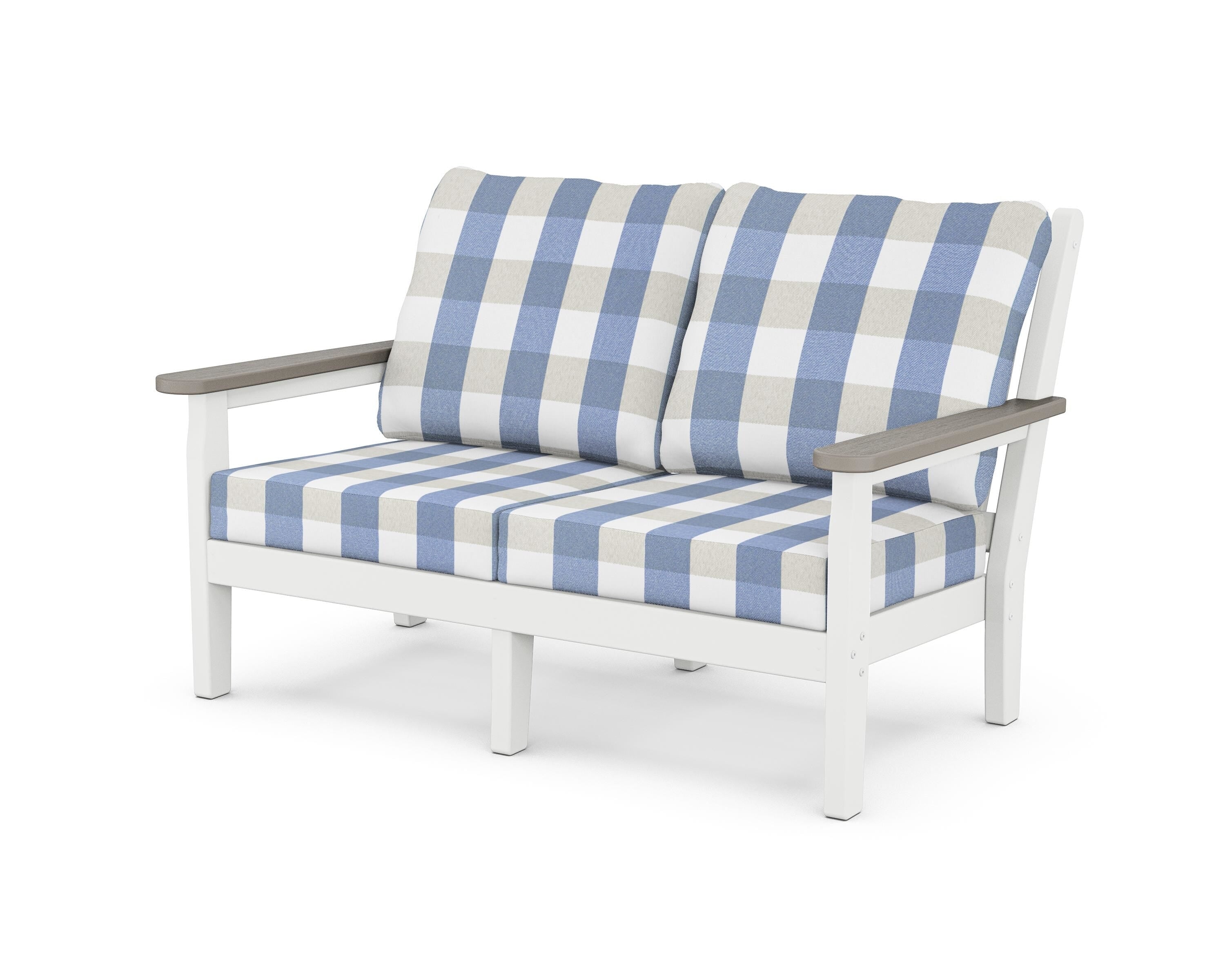 POLYWOOD® Chippendale Deep Seating Loveseat in White / Driftwood / Buffalo Plaid Sky Blue