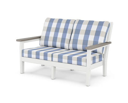 POLYWOOD® Chippendale Deep Seating Loveseat in White / Driftwood / Buffalo Plaid Sky Blue