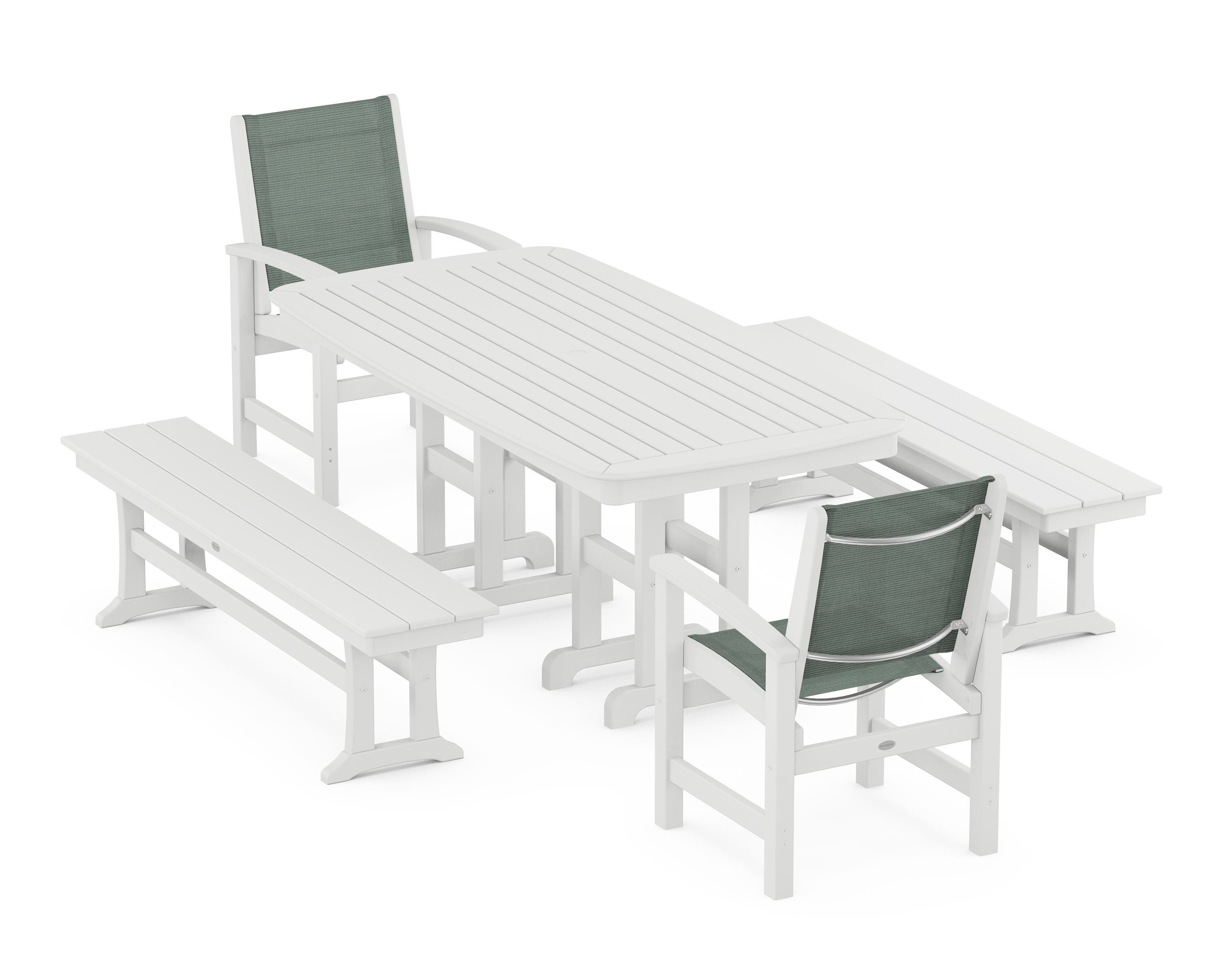 POLYWOOD® Coastal 5-Piece Dining Set in White / Dupioni Sea Mist Sling
