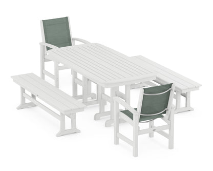 POLYWOOD® Coastal 5-Piece Dining Set in White / Dupioni Sea Mist Sling
