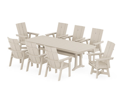 POLYWOOD® Modern Curveback Adirondack Swivel 9-Piece Dining Set with Trestle Legs in Sand