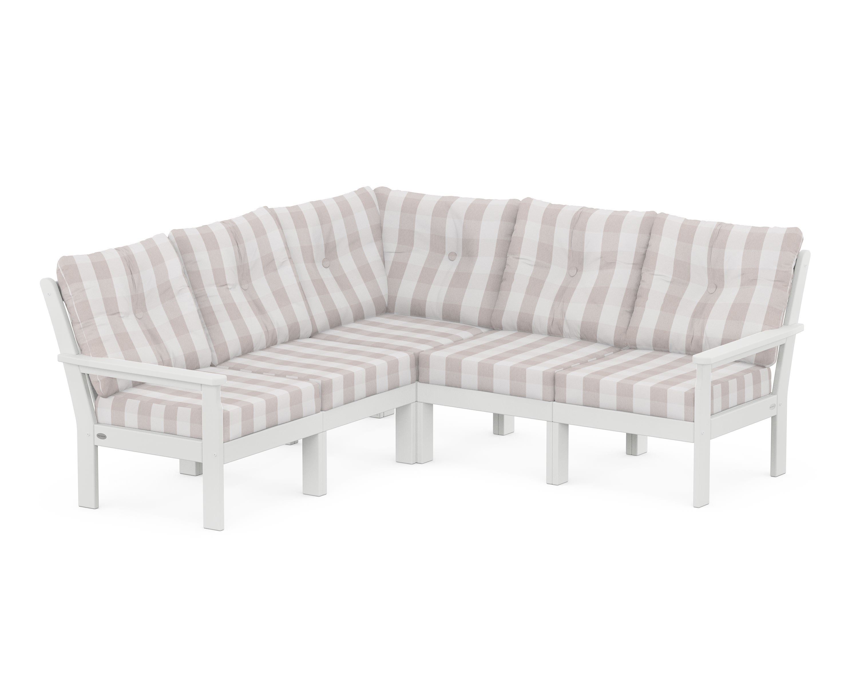 POLYWOOD® Vineyard 5-Piece Sectional in White / Buffalo Plaid Dune Burlap