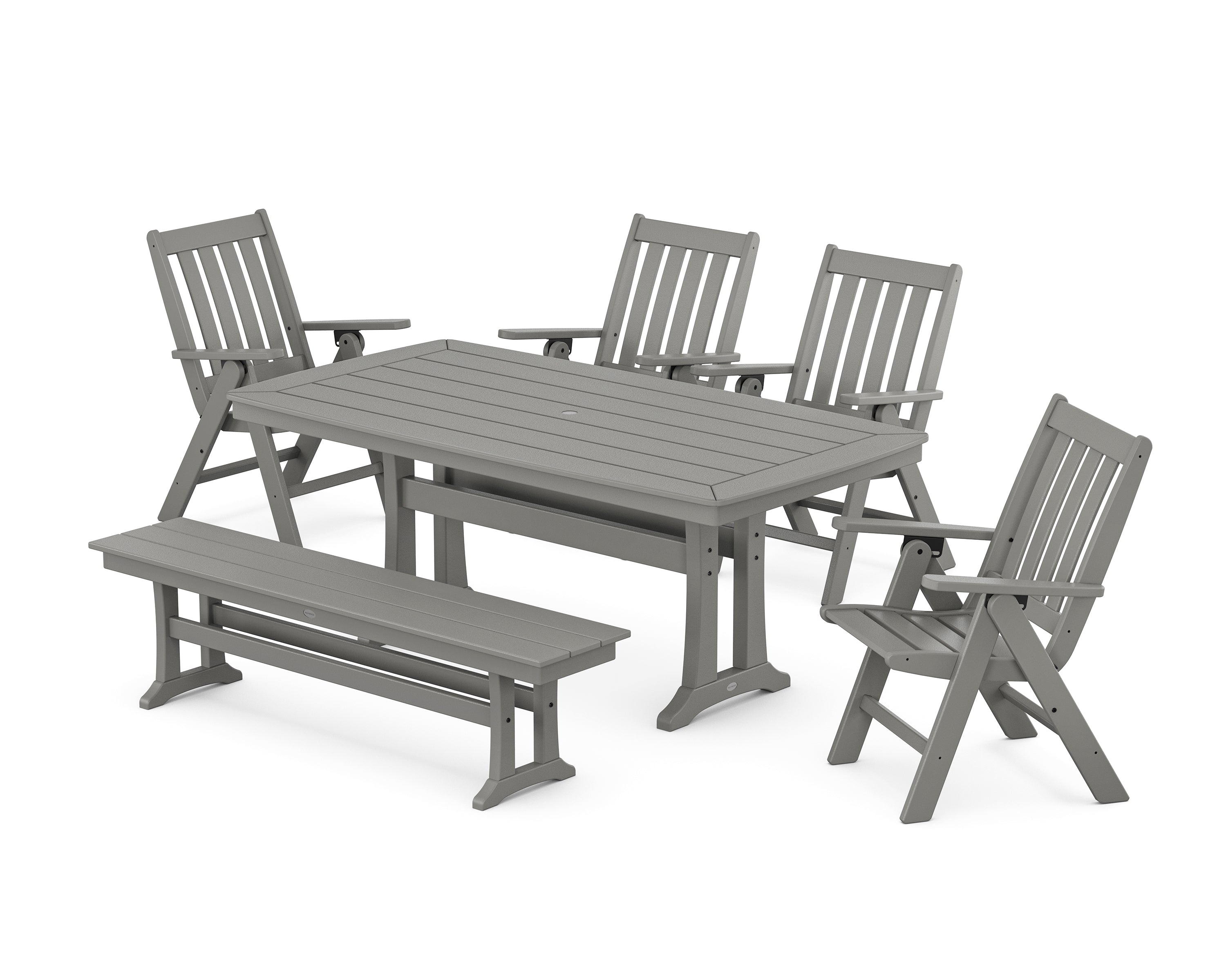 POLYWOOD® Vineyard Folding Chair 6-Piece Dining Set with Trestle Legs and Bench in Slate Grey