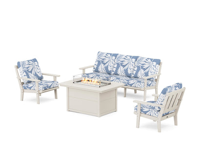 POLYWOOD® Oxford Deep Seating Fire Pit Table Set in Sand / Leaf Sky Blue