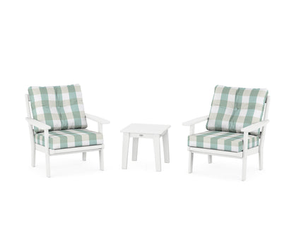 POLYWOOD® Oxford 3-Piece Deep Seating Set in White / Buffalo Plaid Glacier Spa