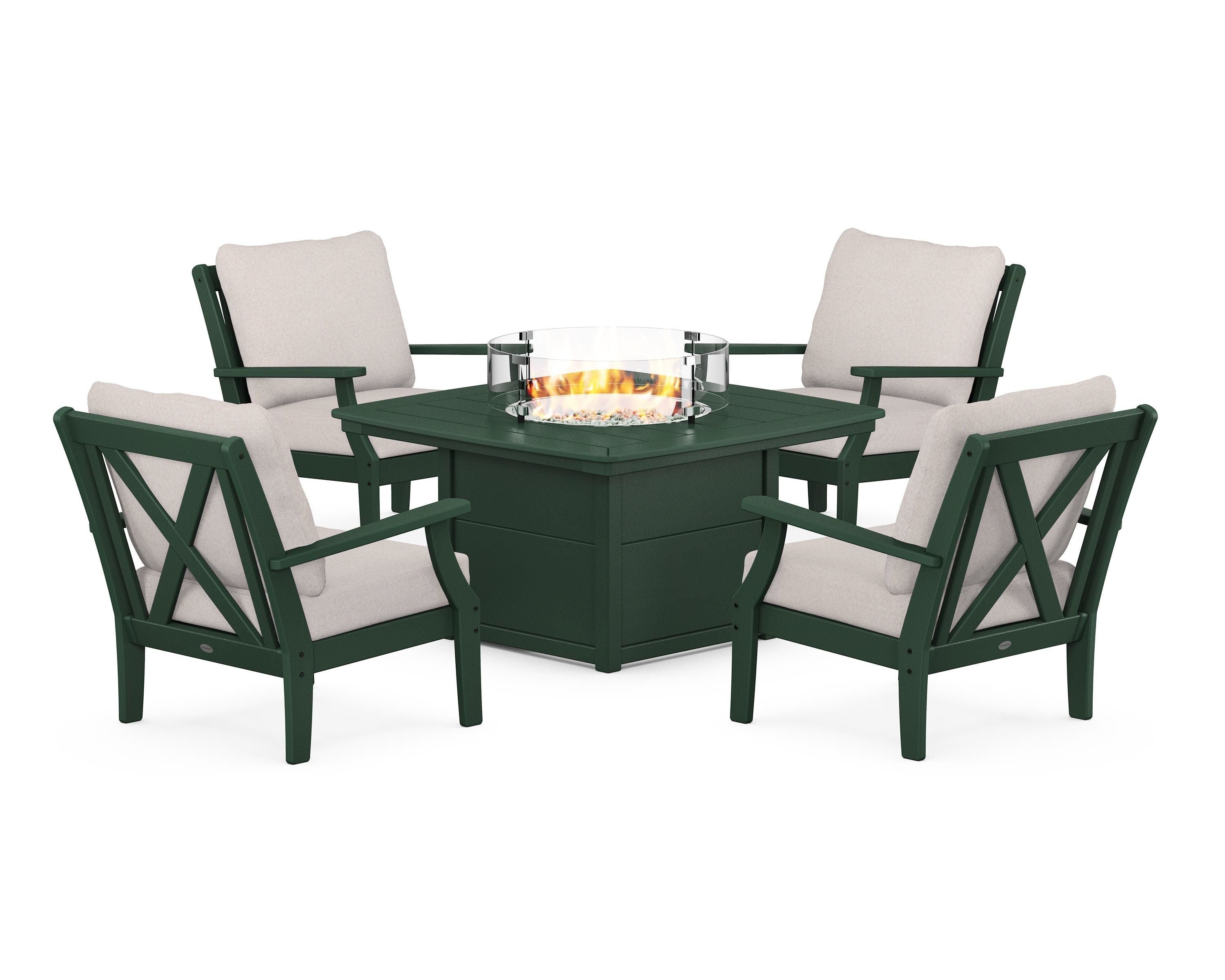 POLYWOOD® Braxton 5-Piece Deep Seating Conversation Set with Fire Pit Table in Green / Dune Burlap