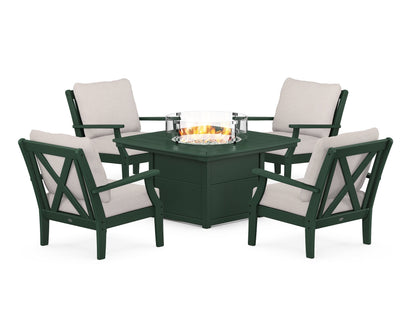 POLYWOOD® Braxton 5-Piece Deep Seating Conversation Set with Fire Pit Table in Green / Dune Burlap