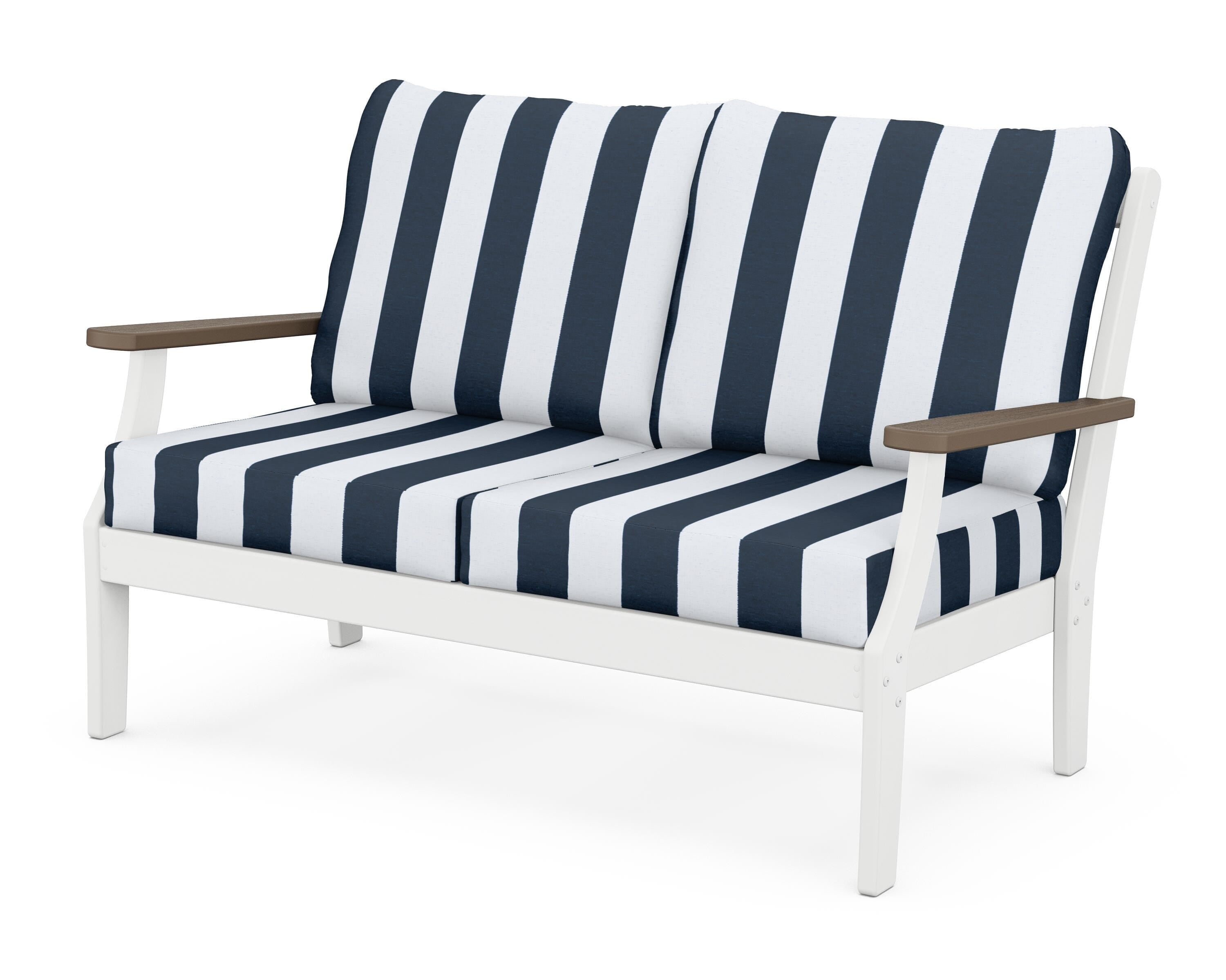 POLYWOOD® Braxton Deep Seating Loveseat in White / Kona / Cabana Stripe Marine Indigo