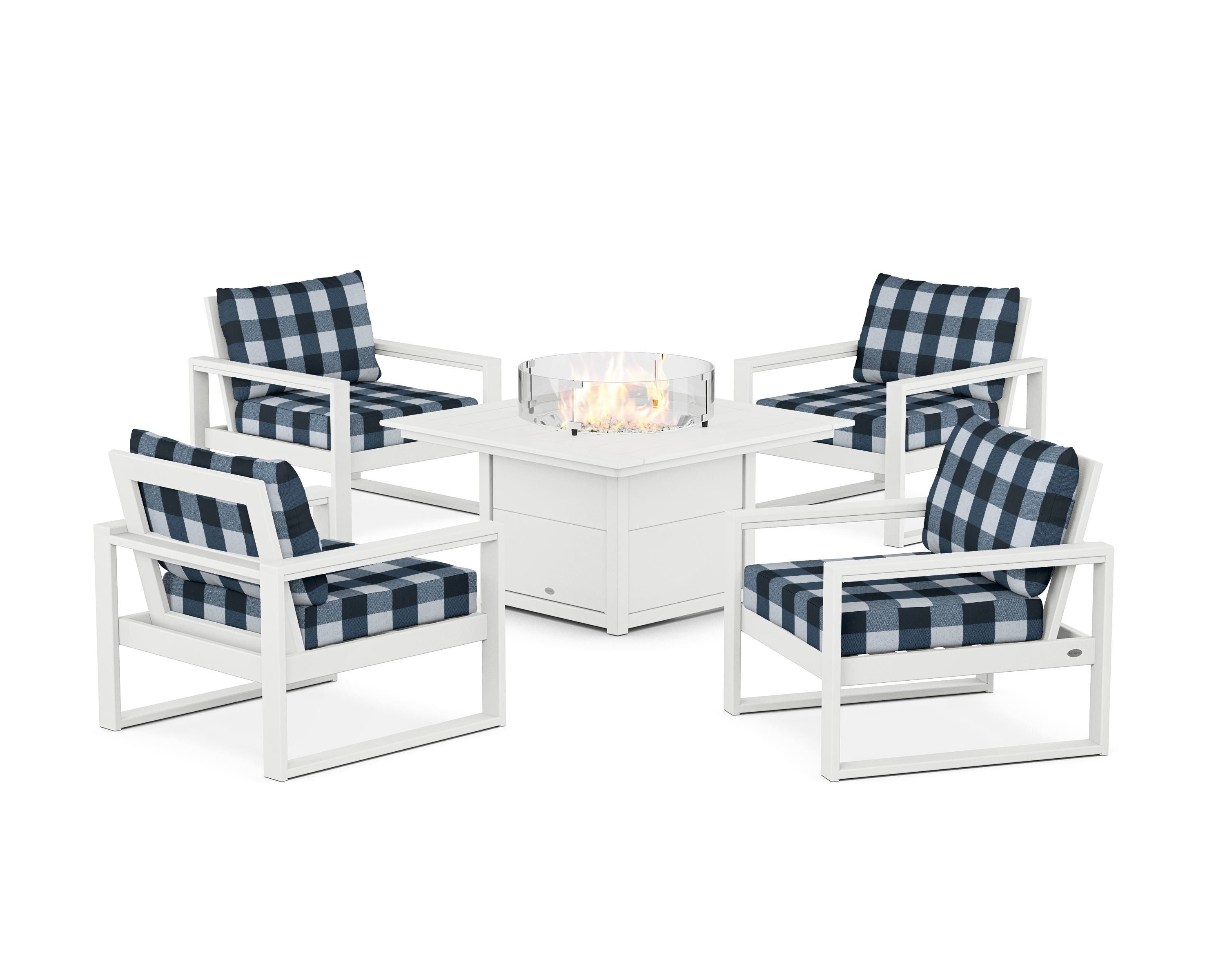 POLYWOOD® EDGE Sectional 5-Piece Deep Seating Set with Fire Pit Table in White / Buffalo Plaid Marine Indigo