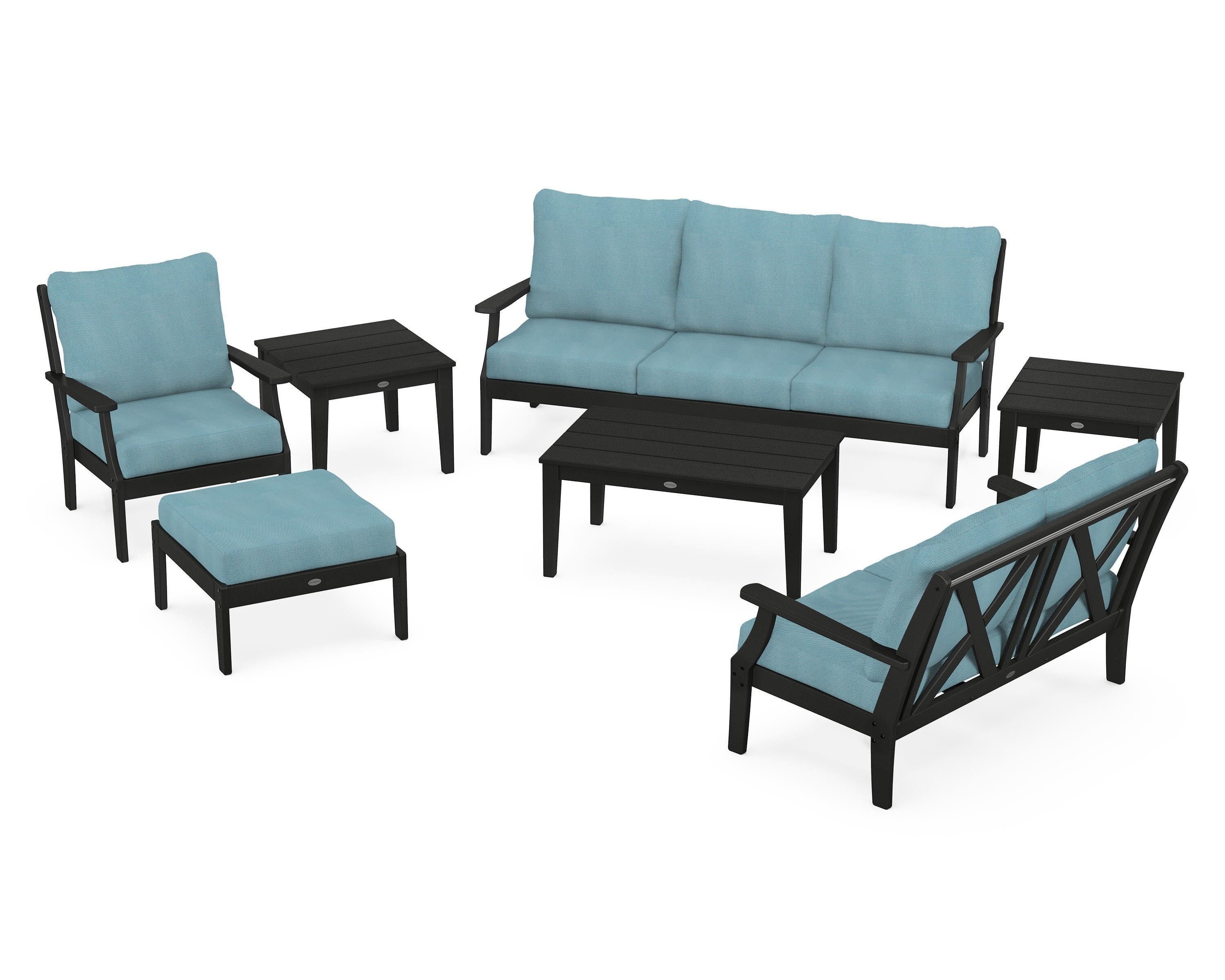 POLYWOOD® Braxton 7-Piece Deep Seating Set in Black / Lattice Sky Blue