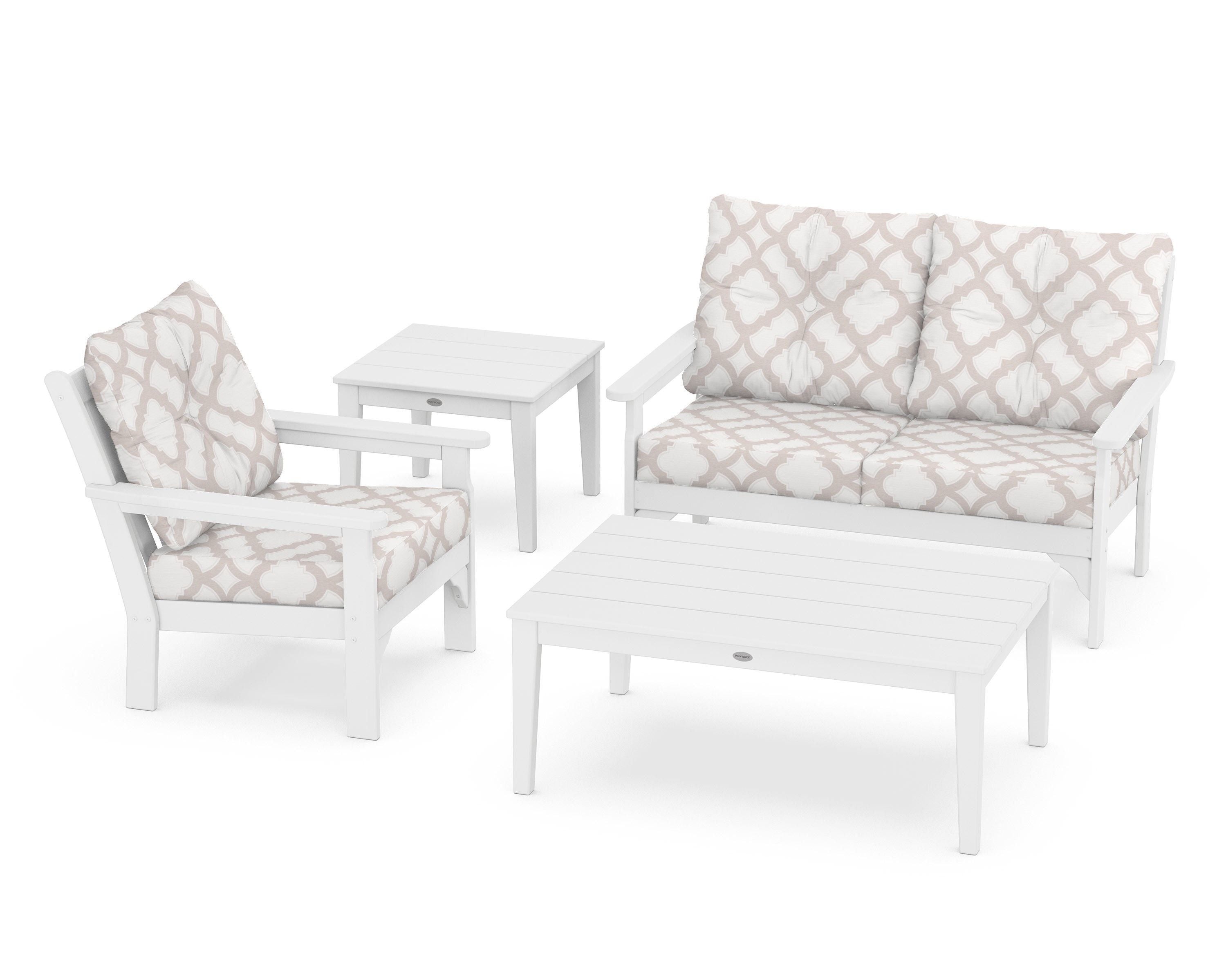 POLYWOOD® Vineyard 4-Piece Deep Seating Set in White / Trellis Dune Burlap