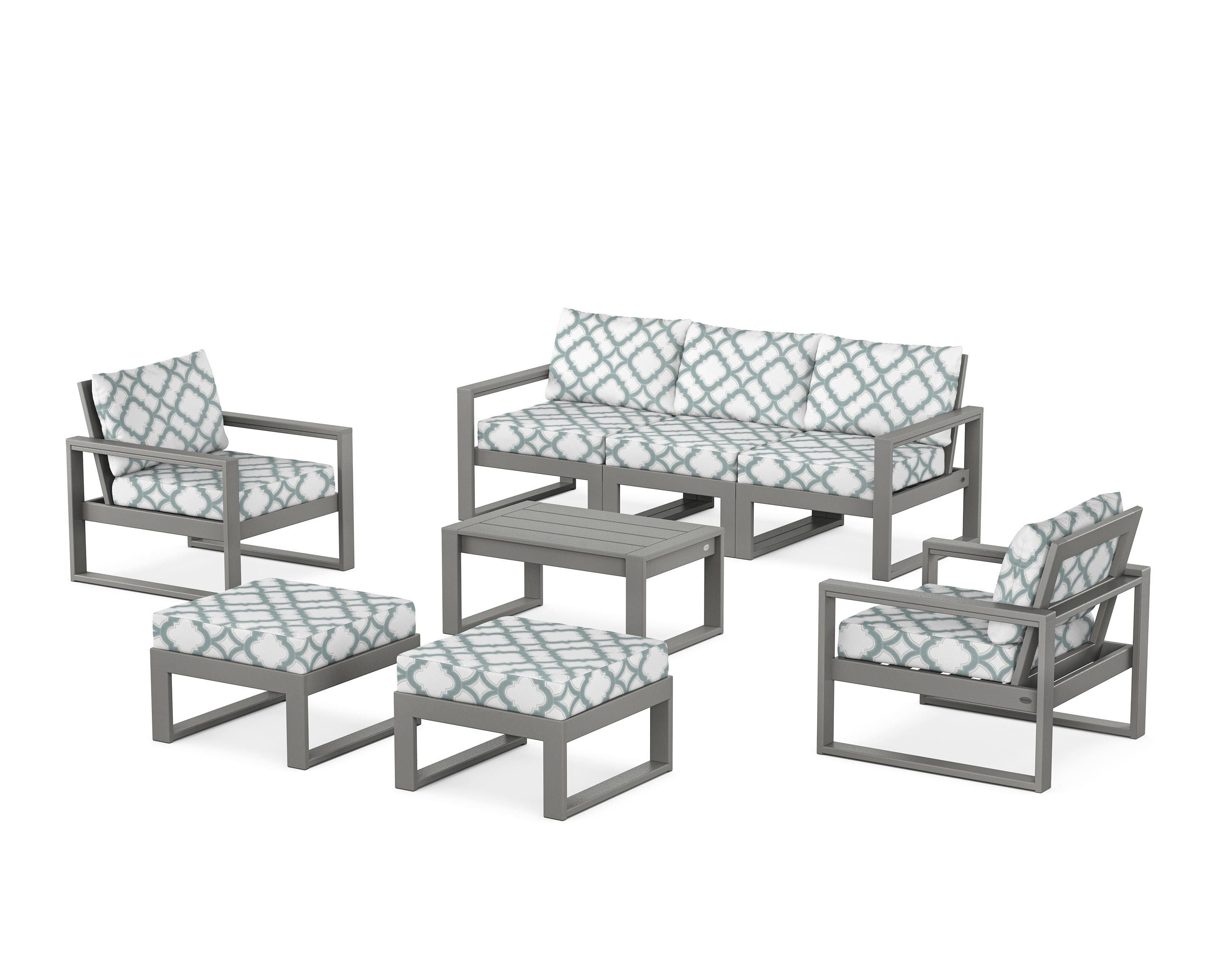 POLYWOOD® EDGE Sectional 8-Piece Lounge Sofa Set in Slate Grey / Trellis Glacier Spa