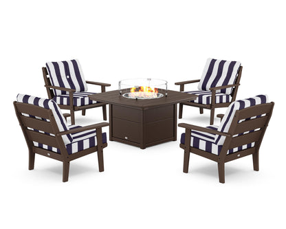 POLYWOOD® Lakeside 5-Piece Deep Seating Set with Nautical Fire Pit Table in Mahogany / Cabana Stripe Navy