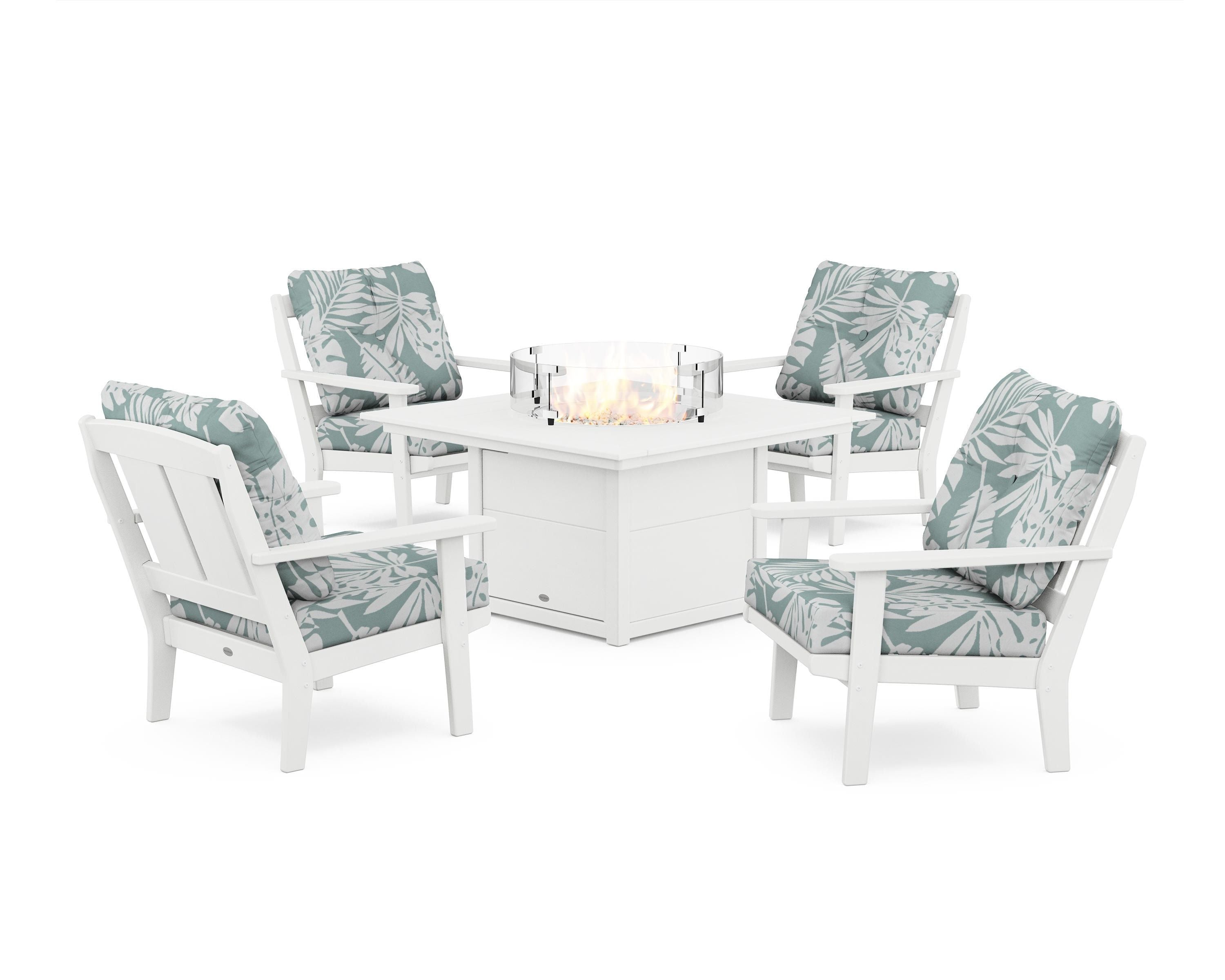POLYWOOD® Mission 5-Piece Deep Seating Set with Fire Pit Table in White / Leaf Glacier Spa