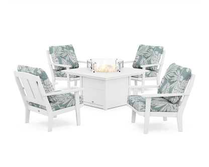 POLYWOOD® Mission 5-Piece Deep Seating Set with Fire Pit Table in White / Leaf Glacier Spa