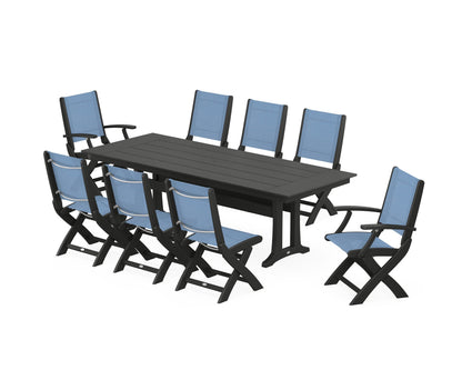 POLYWOOD® Coastal 9-Piece Folding Dining Chair Farmhouse Dining Set with Trestle Legs in Black / Poolside Sling