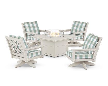 POLYWOOD® Chippendale 5-Piece Deep Seating Swivel Conversation Set with Fire Pit Table in Sand / Buffalo Plaid Glacier Spa