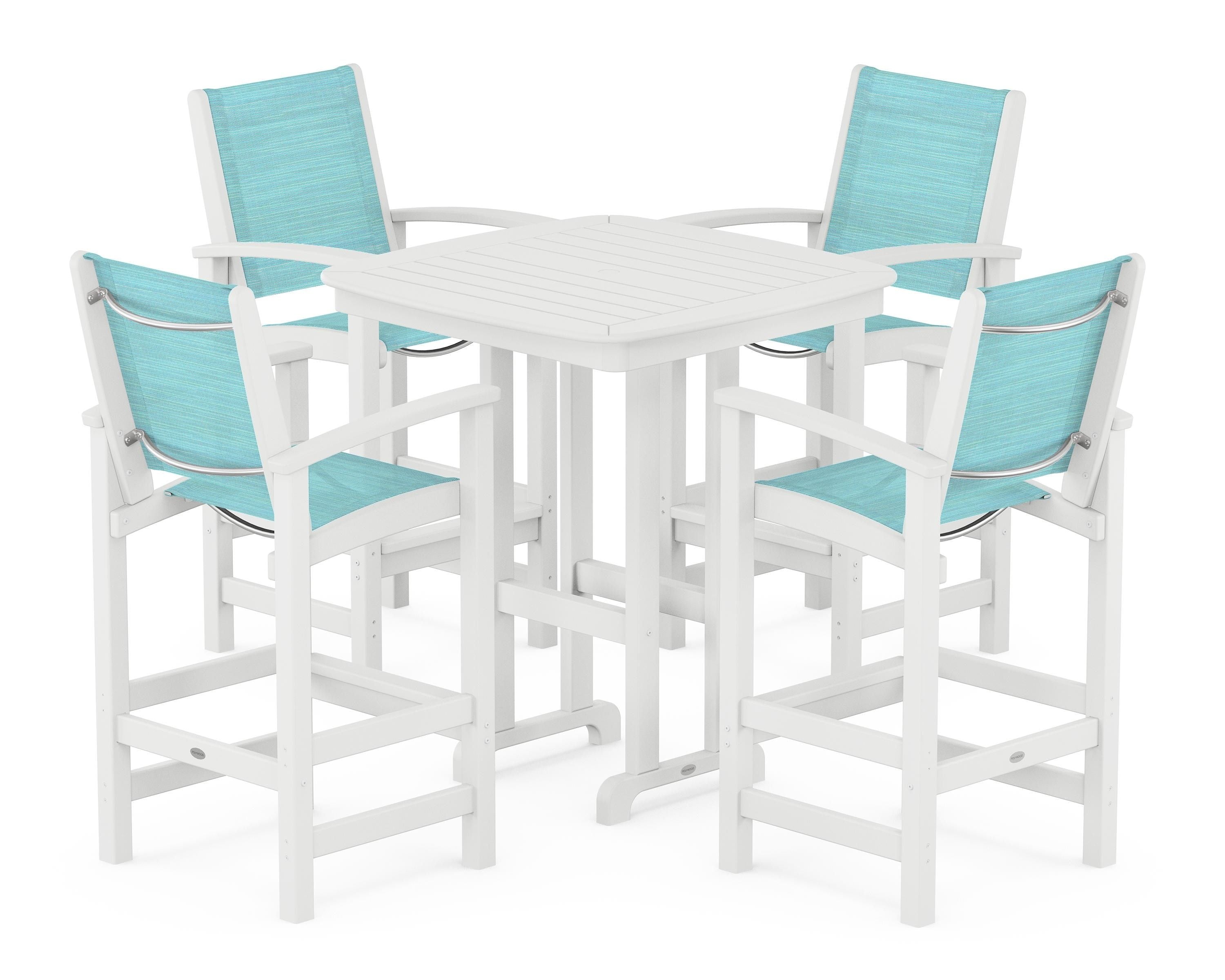POLYWOOD® Coastal 5-Piece Bar Set in White / Dupioni Aquamarine Sling