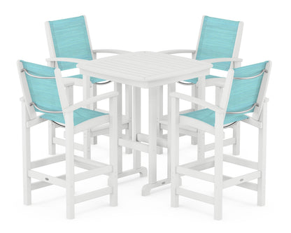 POLYWOOD® Coastal 5-Piece Bar Set in White / Dupioni Aquamarine Sling