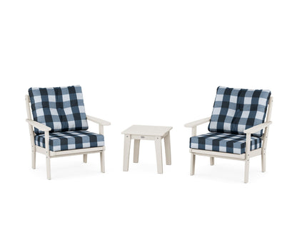 POLYWOOD® Mission 3-Piece Deep Seating Set in Sand / Buffalo Plaid Marine Indigo