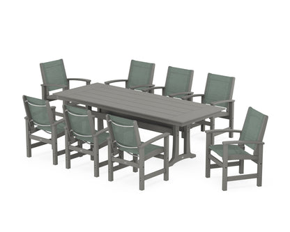 POLYWOOD® Coastal 9-Piece Farmhouse Dining Set with Trestle Legs in Slate Grey / Dupioni Sea Mist Sling
