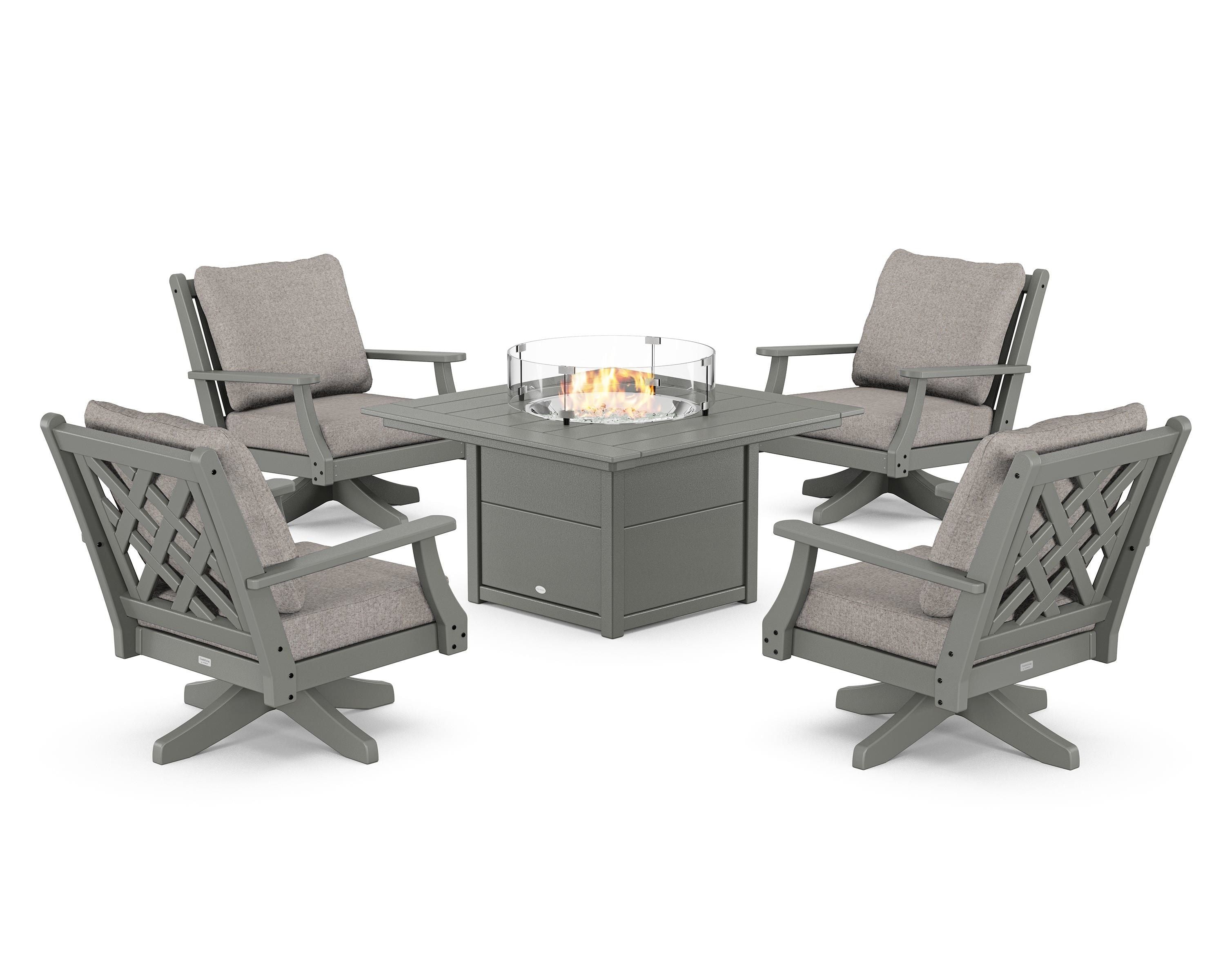 Country Living Wovendale 5-Piece Deep Seating Swivel Conversation Set with Fire Pit Table in Slate Grey / Weathered Tweed