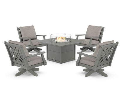 Country Living Wovendale 5-Piece Deep Seating Swivel Conversation Set with Fire Pit Table in Slate Grey / Weathered Tweed