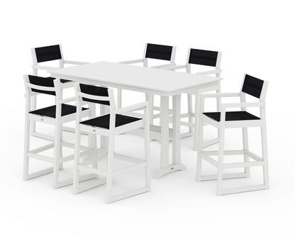 POLYWOOD® EDGE Sling Arm Chair 7-Piece Farmhouse Bar Set with Trestle Legs in White / Black Sling