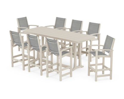 POLYWOOD® Coastal 9-Piece Farmhouse Bar Set with Trestle Legs in Sand / Metallic Sling
