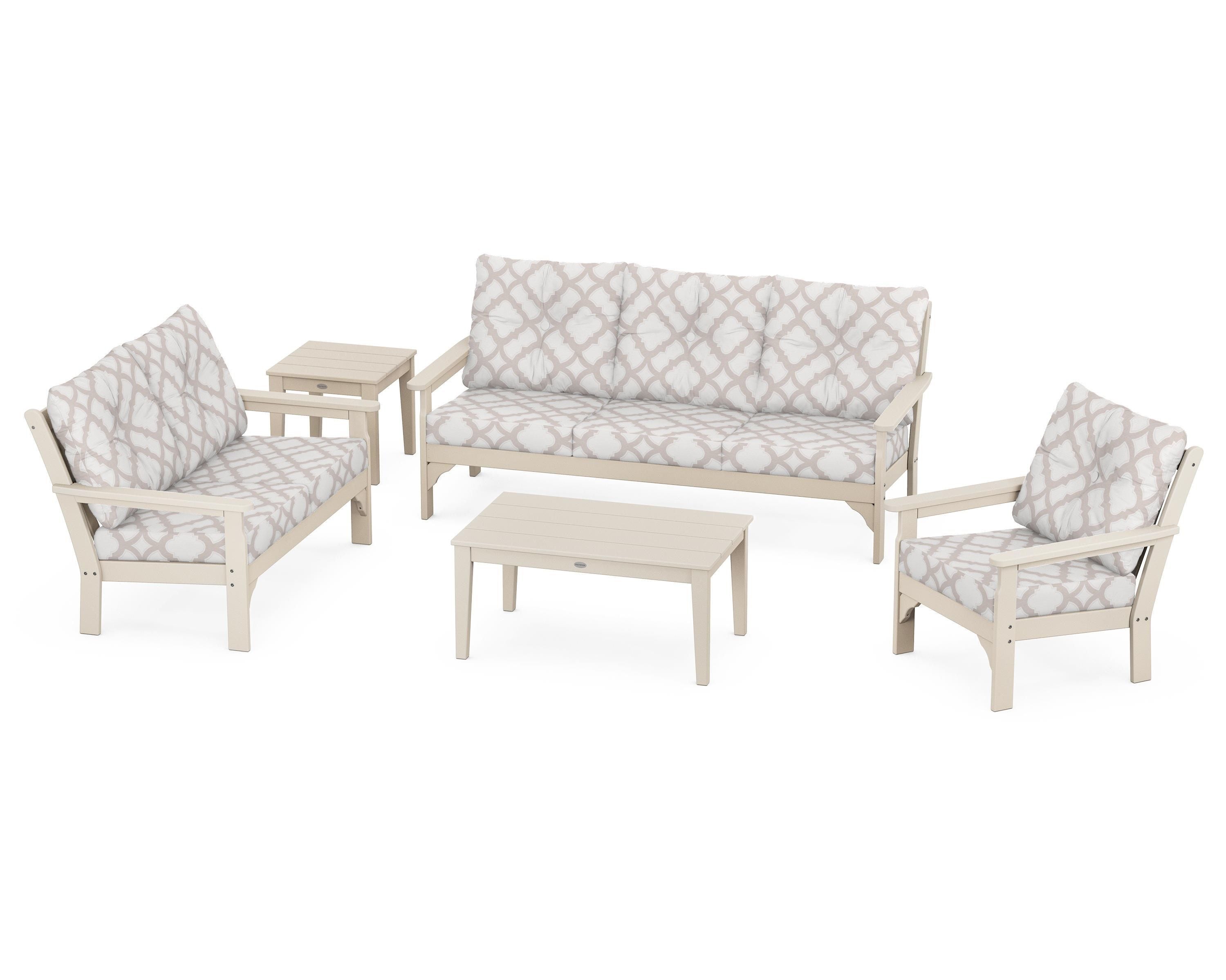 POLYWOOD® Vineyard 5 Piece Deep Seating Set in Sand / Trellis Dune Burlap