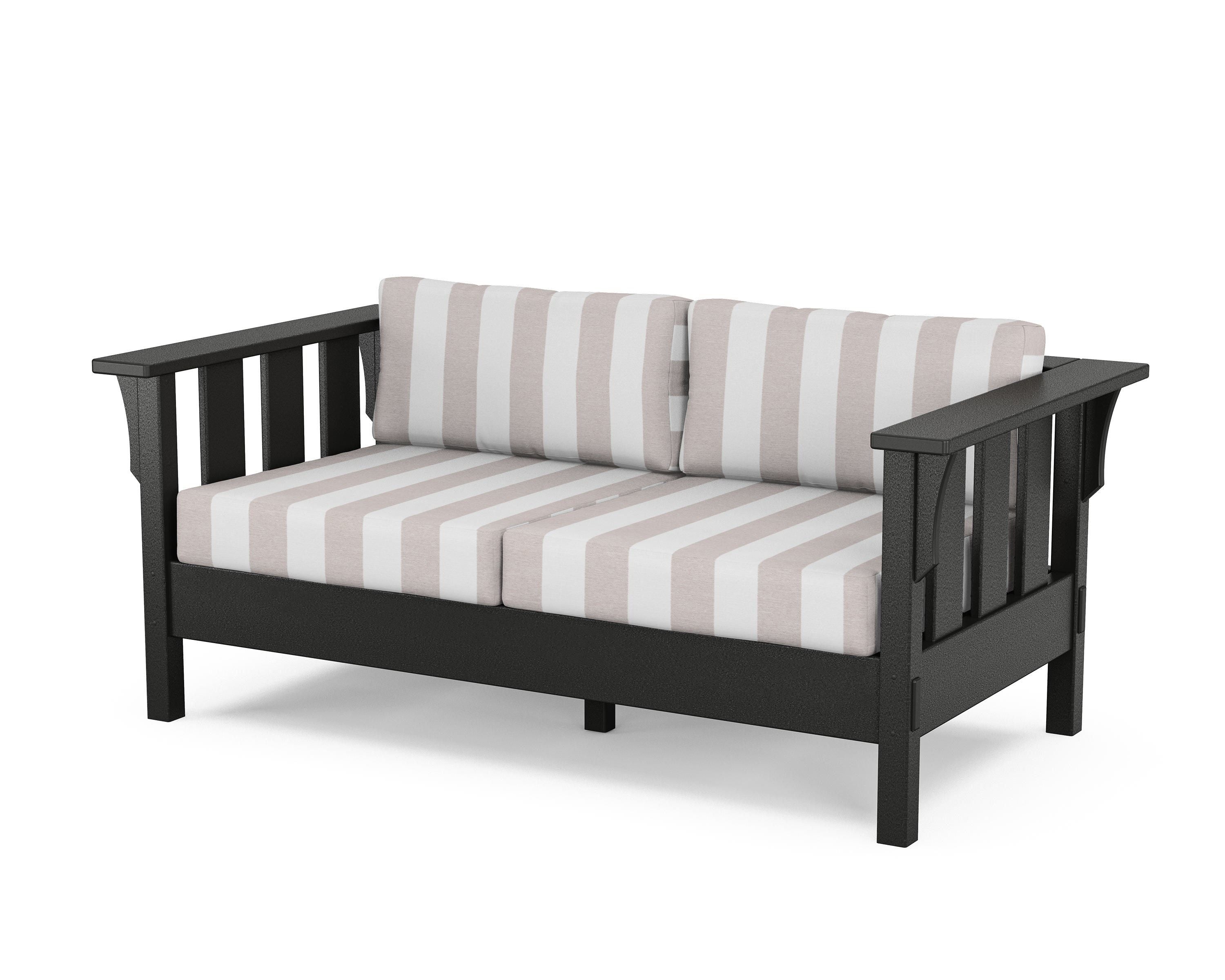 Martha Stewart by POLYWOOD® Acadia Deep Seating Loveseat in Black / Cabana Stripe Dune Burlap