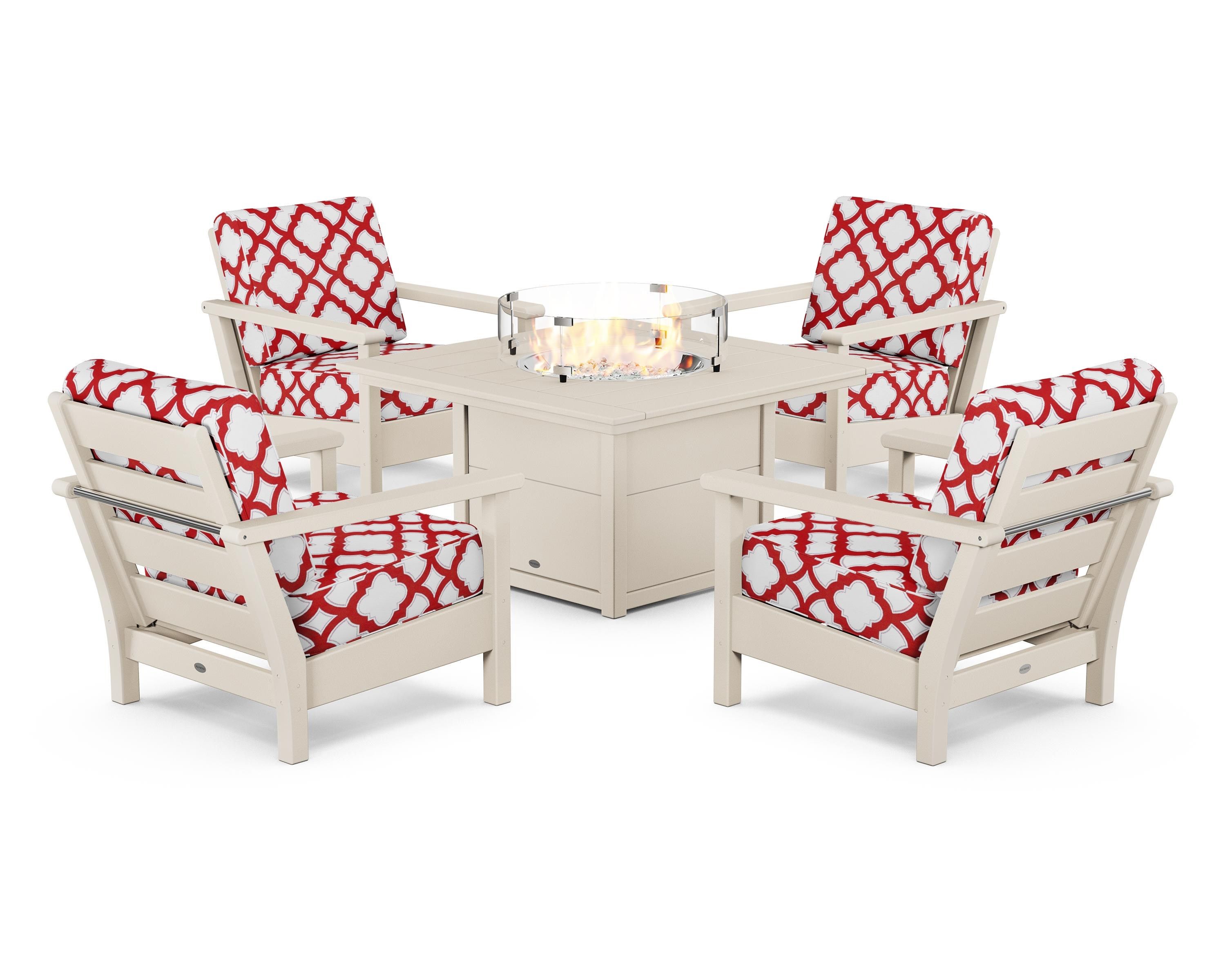 POLYWOOD® Harbour 5-Piece Conversation Set with Fire Pit Table in Sand / Trellis Crimson
