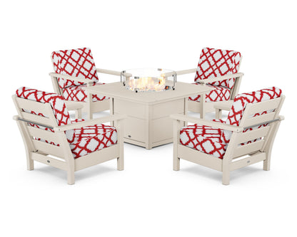 POLYWOOD® Harbour 5-Piece Conversation Set with Fire Pit Table in Sand / Trellis Crimson