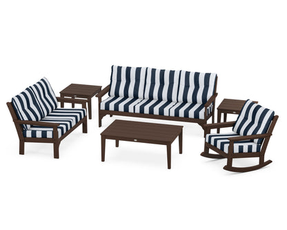POLYWOOD® Vineyard 6-Piece Deep Seating Set in Mahogany / Cabana Stripe Marine Indigo