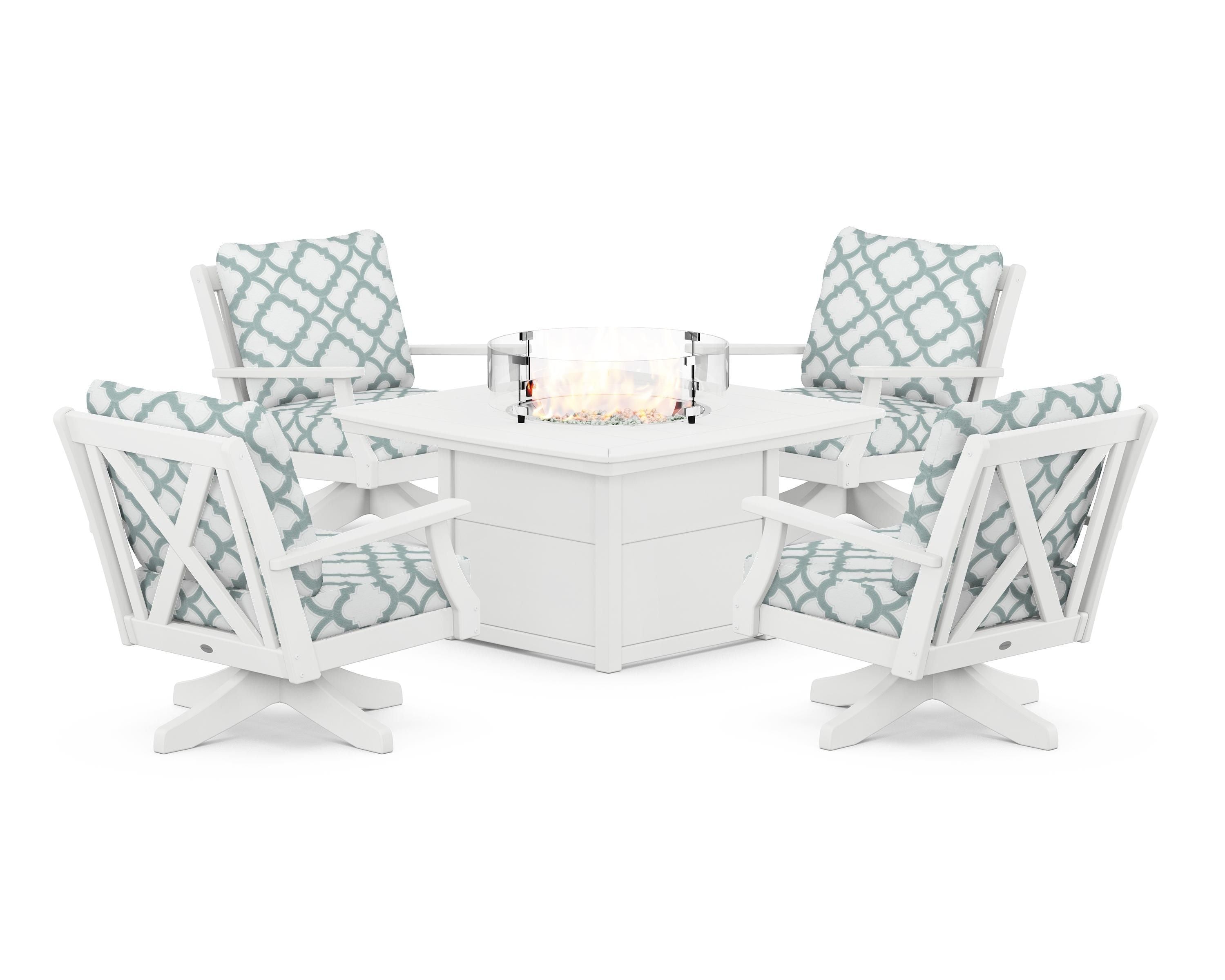 POLYWOOD® Braxton 5-Piece Deep Seating Swivel Conversation Set with Fire Pit Table in White / Trellis Glacier Spa