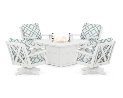 POLYWOOD® Braxton 5-Piece Deep Seating Swivel Conversation Set with Fire Pit Table in White / Trellis Glacier Spa