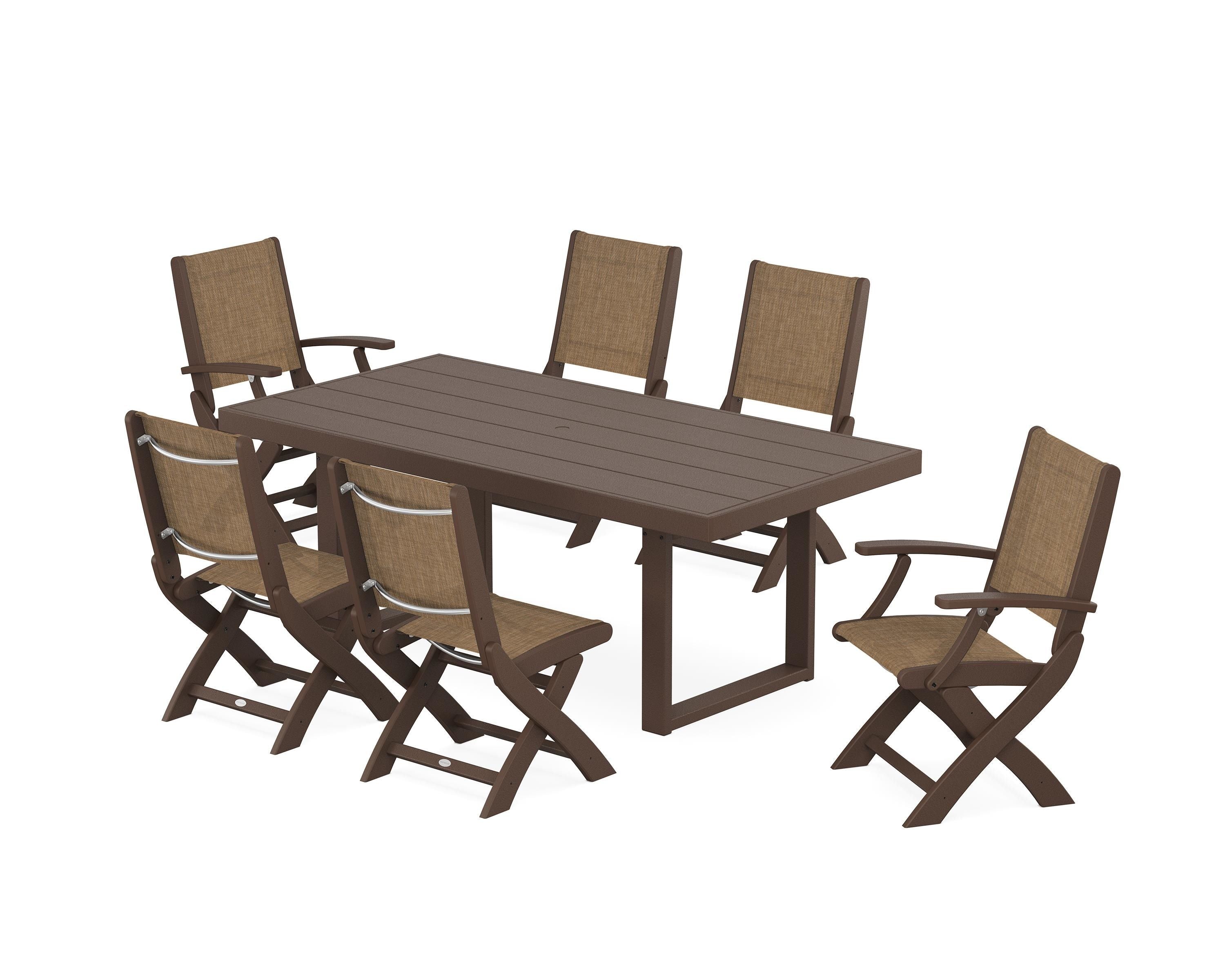 POLYWOOD® Coastal Folding Chair 7-Piece Dining Set with Trestle Legs in Mahogany / Burlap Sling