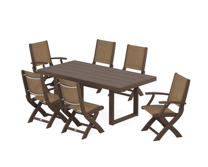 POLYWOOD® Coastal Folding Chair 7-Piece Dining Set with Trestle Legs in Mahogany / Burlap Sling