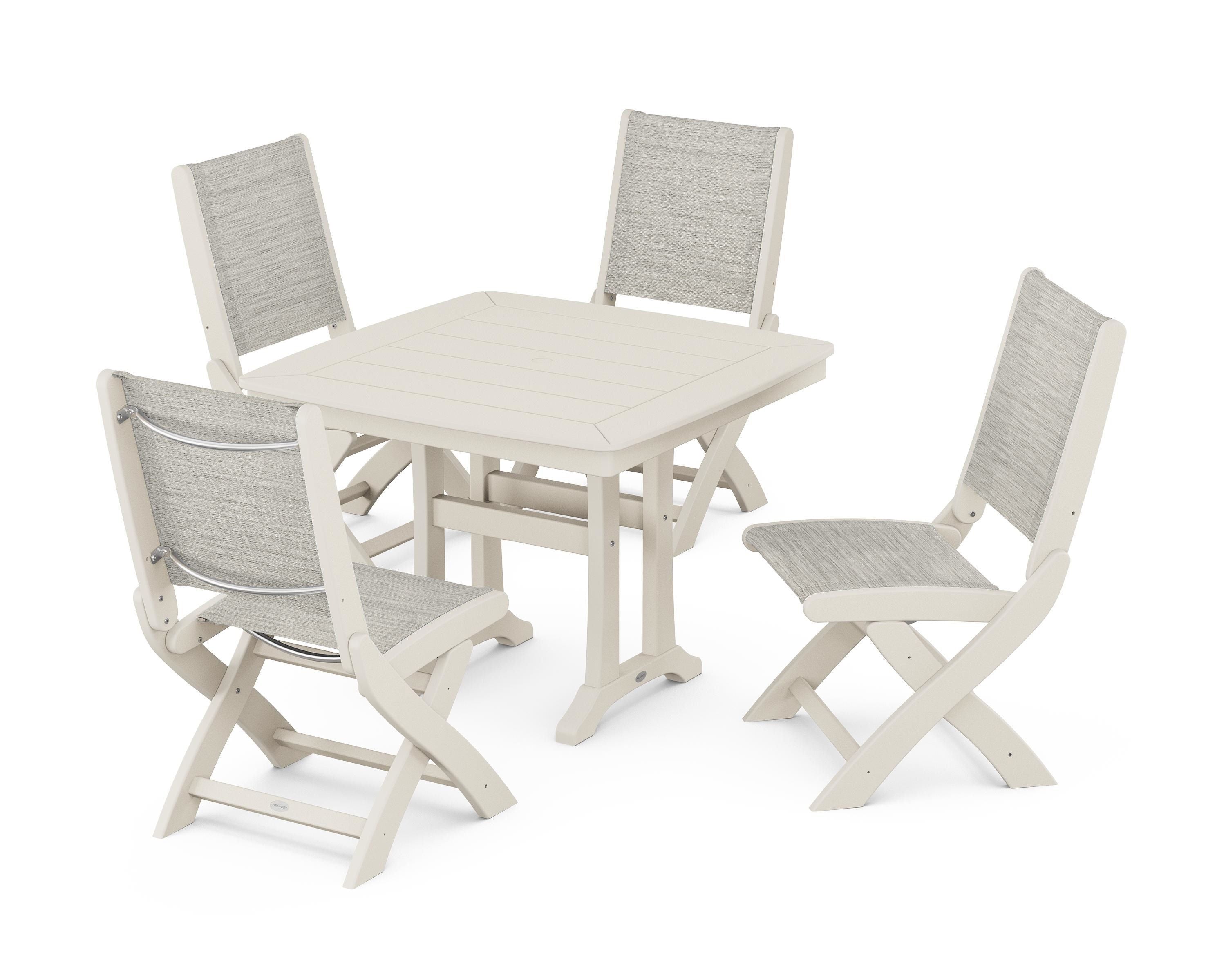 POLYWOOD® Coastal Folding Side Chair 5-Piece Dining Set with Trestle Legs in Sand / Birch Sling