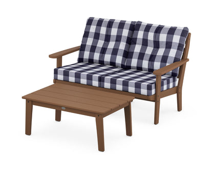 POLYWOOD® Lakeside 2-Piece Lounge Loveseat Set in Teak / Buffalo Plaid Navy