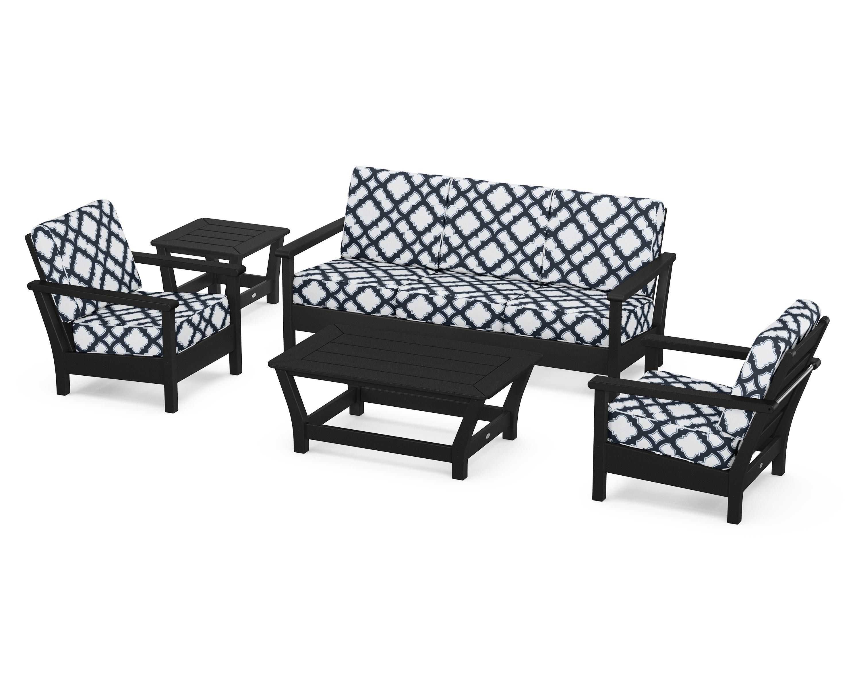 POLYWOOD® Harbour 5-Piece Deep Seating Set in Black / Trellis Marine Indigo