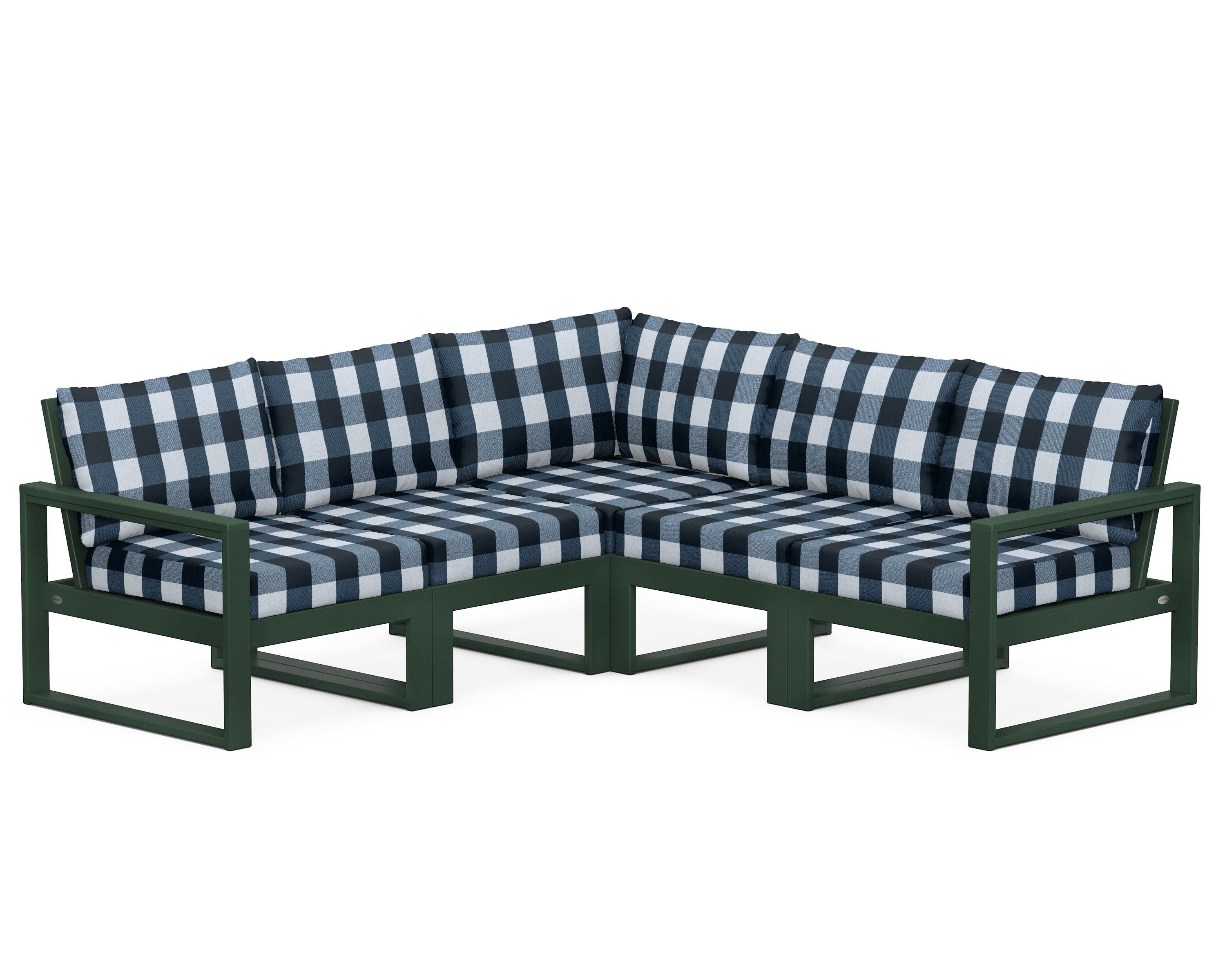 POLYWOOD® EDGE 5-Piece Modular Deep Seating Set in Green / Buffalo Plaid Marine Indigo