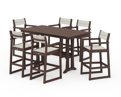 POLYWOOD® EDGE Sling Arm Chair 7-Piece Farmhouse Bar Set with Trestle Legs in Mahogany / Parchment Sling