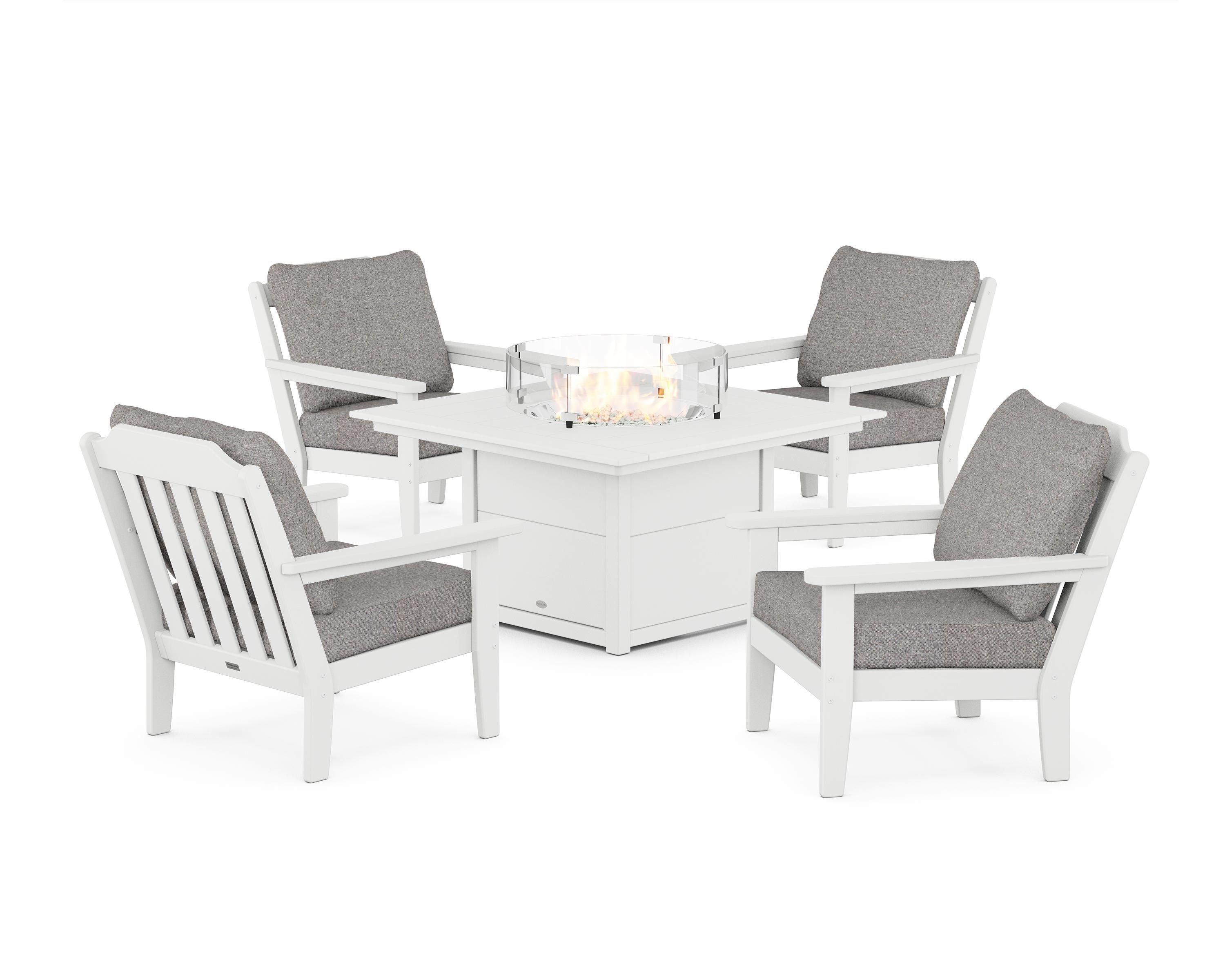 Country Living Cottage 5-Piece Deep Seating Set with Fire Pit Table in White / Grey Mist