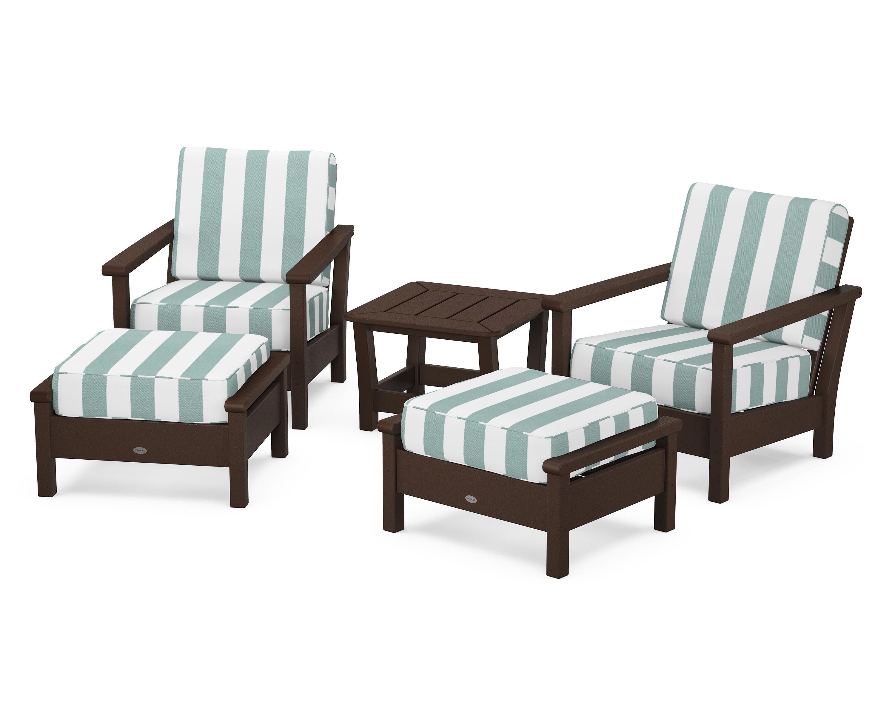 POLYWOOD® Harbour 5-Piece Deep Seating Chair Set in Mahogany / Cabana Stripe Glacier Spa