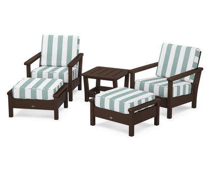 POLYWOOD® Harbour 5-Piece Deep Seating Chair Set in Mahogany / Cabana Stripe Glacier Spa
